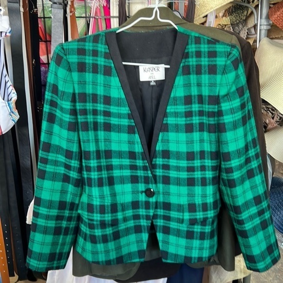 Vintage Kasper black and green wool plaid suit jacket size 6 - Picture 1 of 5